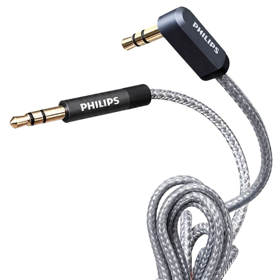 Philips SWR2114F/93 1 Metre 3.5Mm Stereo AUX Ses Kablosu 90 Derece L Tipi Açılı Örgülü Zırhlı Ses Kablosu