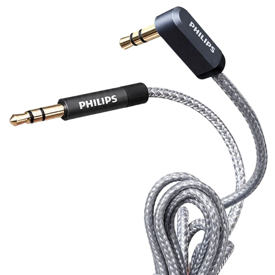 Philips SWR2114F/93 1 Metre 3.5Mm Stereo AUX Ses Kablosu 90 Derece L Tipi Açılı Örgülü Zırhlı Ses Kablosu