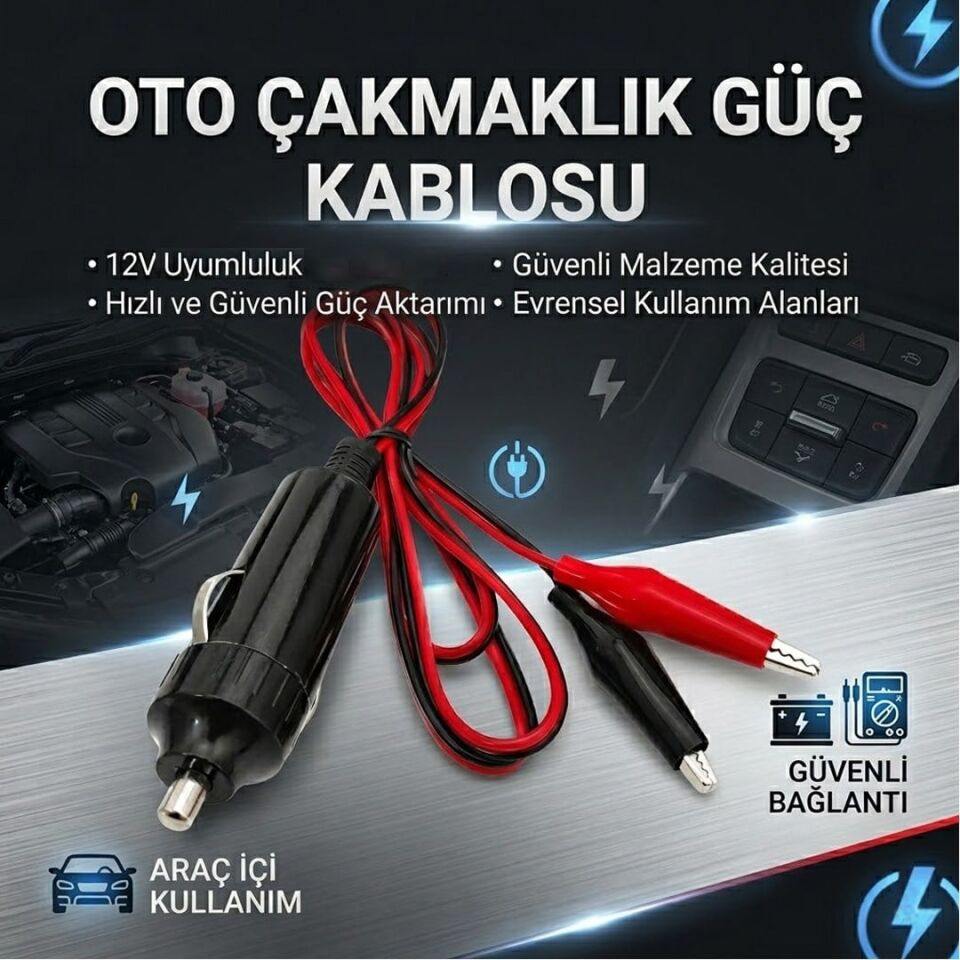 Powermaster Kablolu Krokodil Uçlu Çakmak Fişi Soketli Akü Maşası Uçlu Kablo