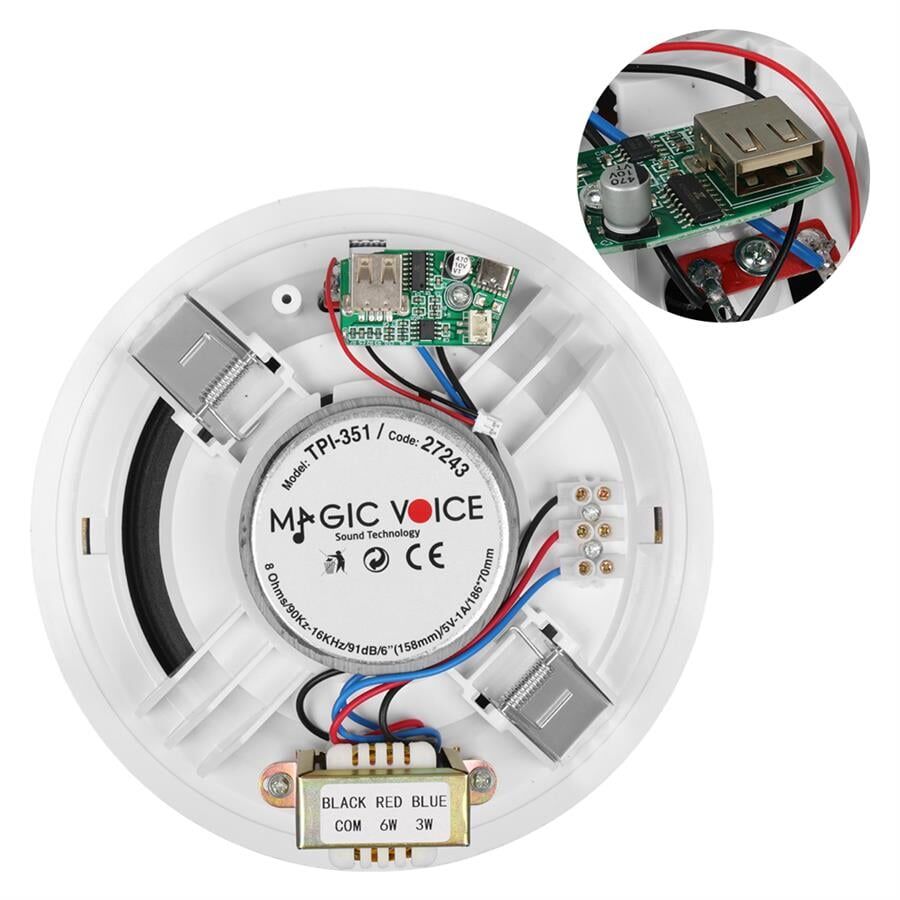 Magicvoice TPI-351 6 İnç 16 Cm Hat Trafolu Alçıpan Asma Tavan Tipi Hoparlör Mağaza Kolon 6W RMS MP3 Usb Uyumlu Beyaz