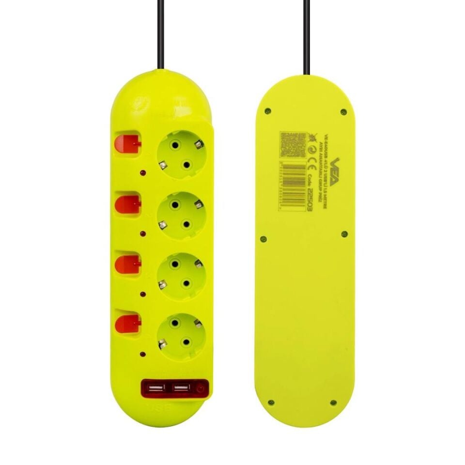 Vea VE-E40USB 4 lü 2 USB'li 1.5 Metre Ayrı Anahtarlı Grup Priz Uzatma Kablosu 3860 Watt 16 Amper