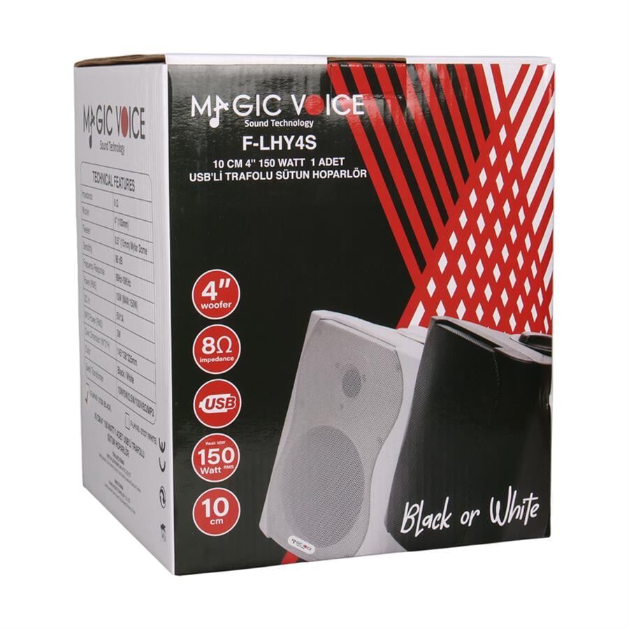 Magicvoice F-LHY4S 4 İnç 10 Cm Hat Trafolu Duvar Tipi Sütun Okul Cami Hoparlör 10W RMS 150W Peak MP3 USB Uyumlu Beyaz
