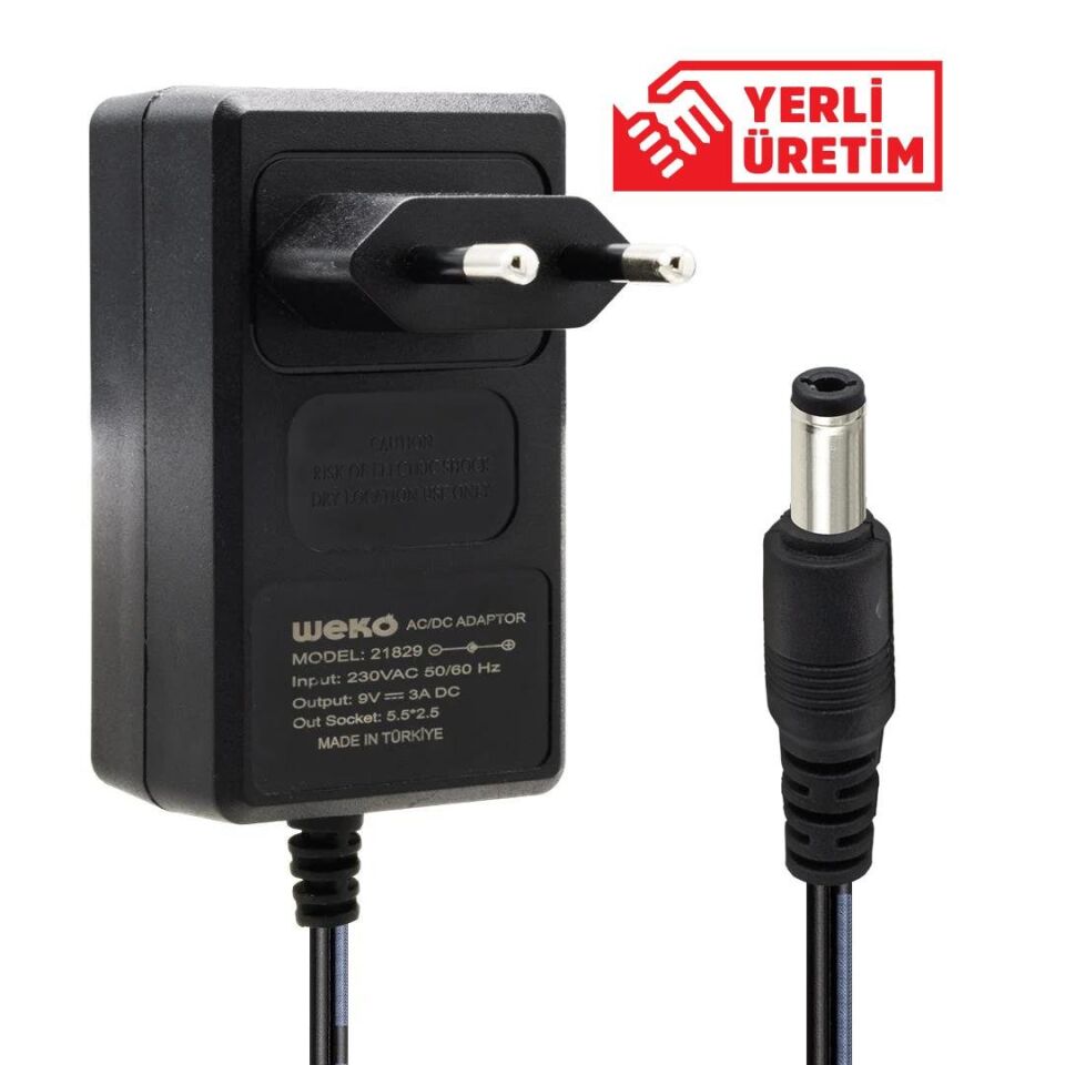 Ayt Weko 9 Volt 3 Amper Priz Tipi Plastik Kasa Adaptör 5.5x2.5 Uç Yerli Üretim