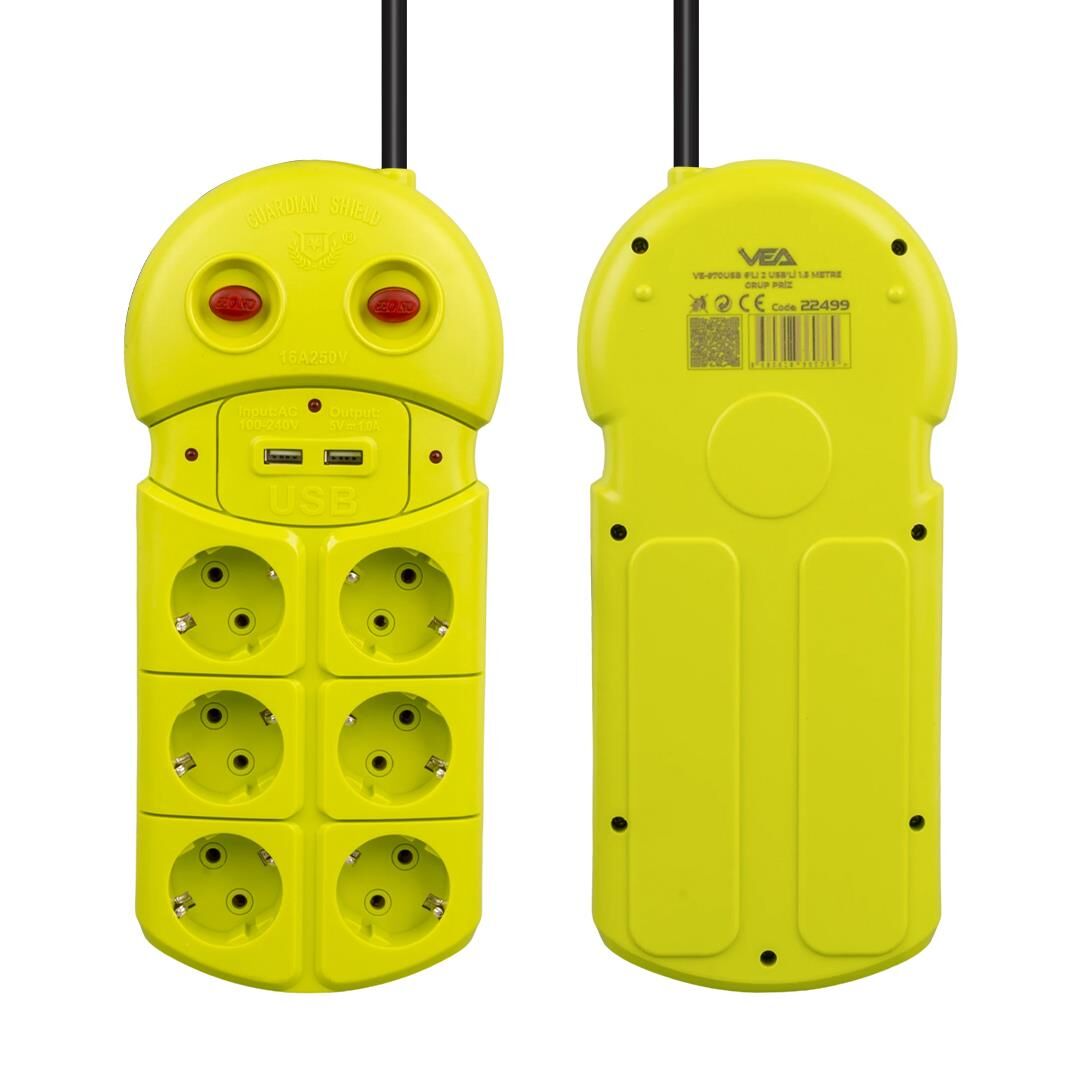 Vea Ve-970USB 6 Lı 2 Usb Li 1.5 Metre Grup Priz Uzatma Kablosu 3680 Watt 16 Amper Hızlı Şarj Özellikli