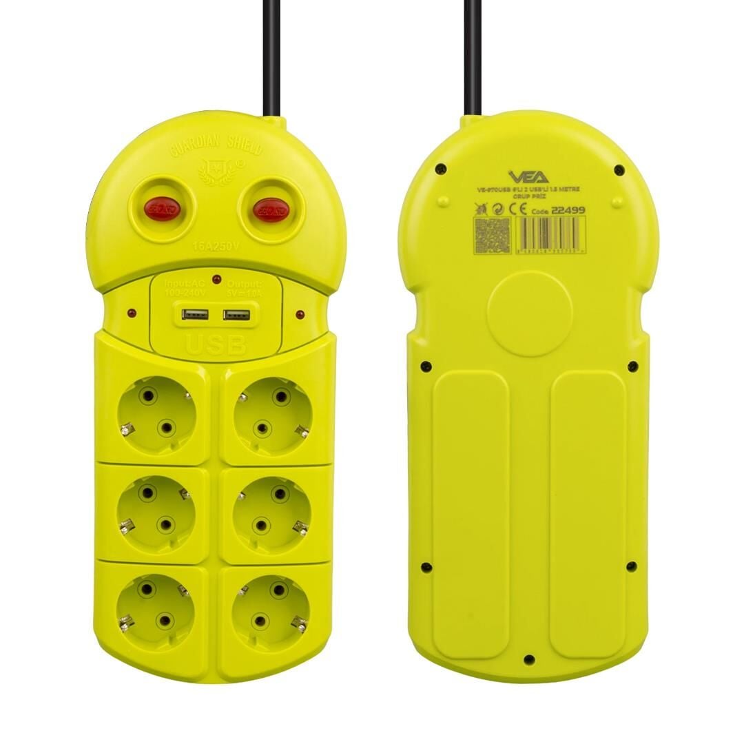 Vea Ve-970USB 6 Lı 2 Usb Li 1.5 Metre Grup Priz Uzatma Kablosu 3680 Watt 16 Amper Hızlı Şarj Özellikli